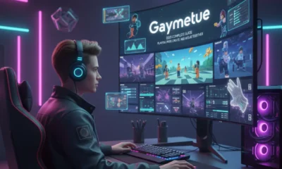 Young person wearing a gaming headset and seated in a neon-lit setup, looking intently at a large, curved monitor displaying a detailed gaming guide titled "Gaymetue 2025 COMPLETE GUIDE." The screen is filled with game content, statistics, and avatars, with a glowing, purple-lit PC tower visible on the right.